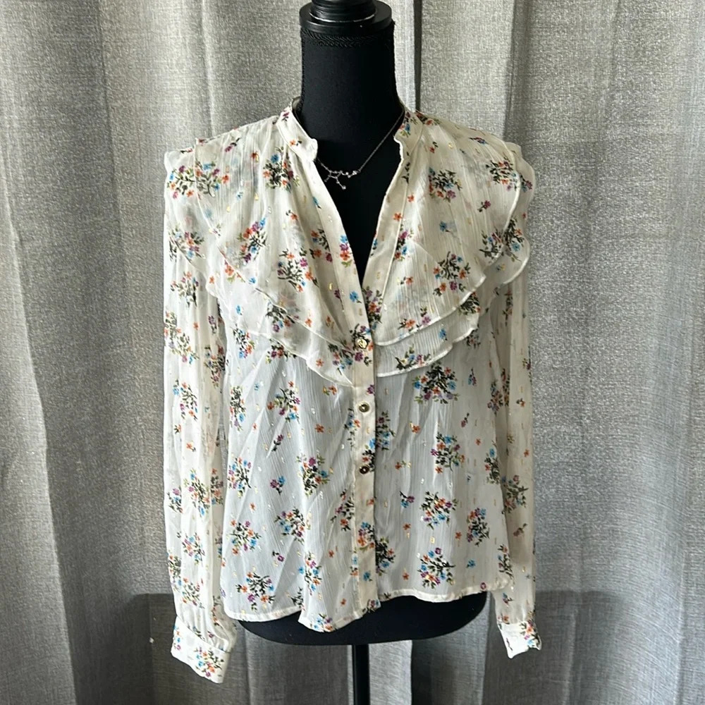 Zara Cream Floral Ruffle Blouse with Multicolor Print